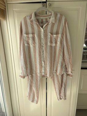 Women’s Pink & White Striped Pajama Set - Lightweight Button-Up Top & Pants